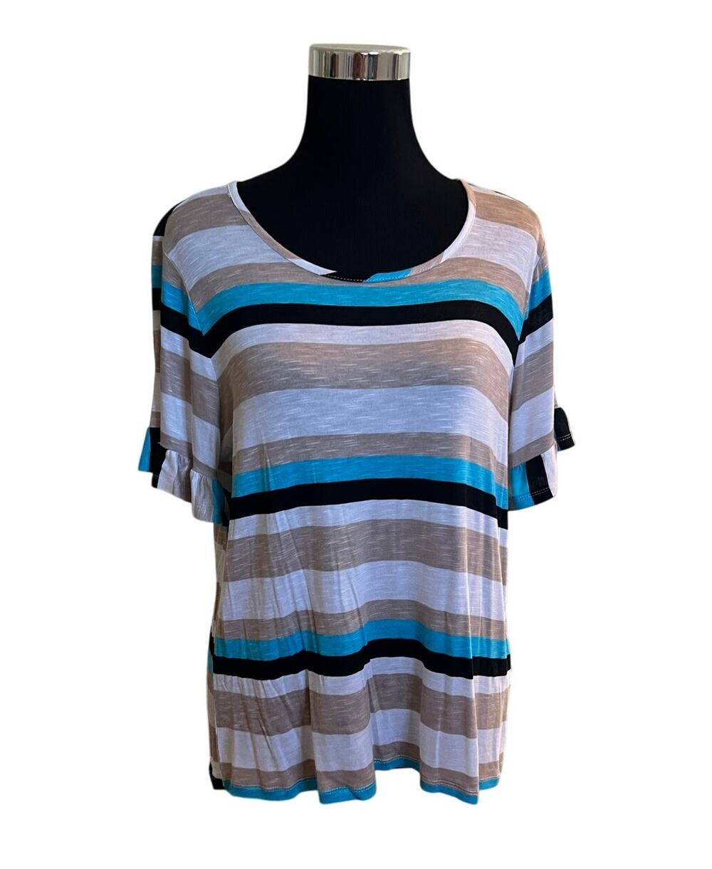 NWT NY Collection Blue Tan Black White Striped Blouse Short Ruffle Sleeve XL